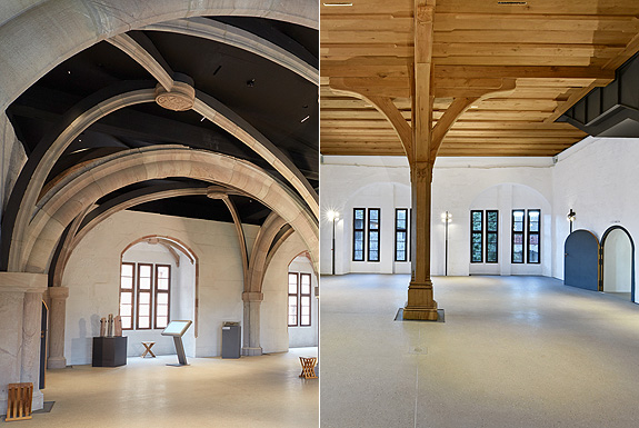 Saal der Eichensäule (links) und Erkersaal (rechts), Foto: Bayerische Schlösserverwaltung externer Link zum Saal der Eichensäule und Erkersaal